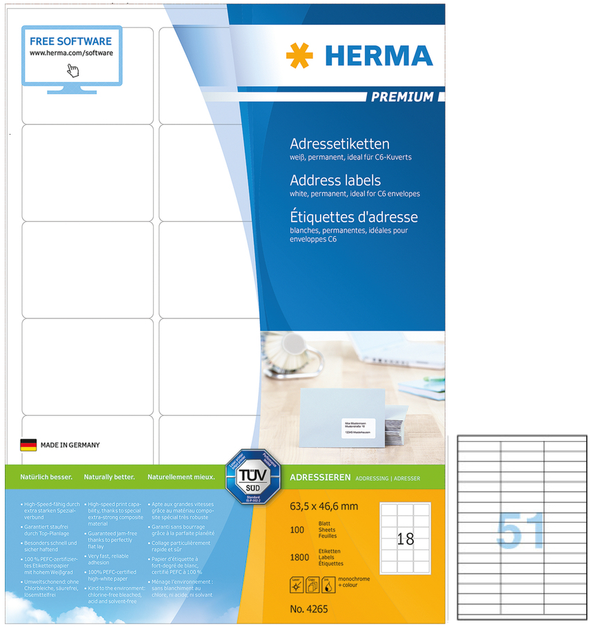 HERMA 多用途列印標籤 (100張) 70x16.9mm (3x17)  (K51)  #4459